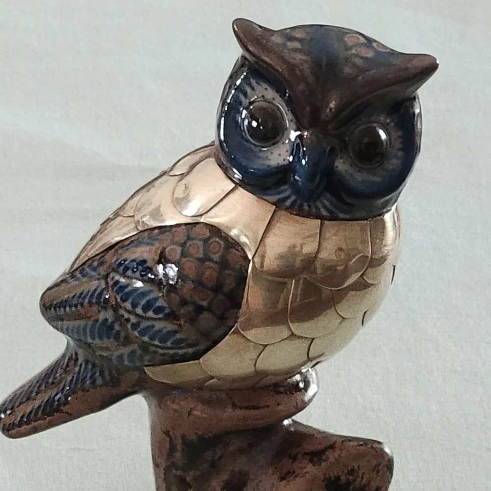 Vintage,Brass, and Ceramic Figurine Blue and Gold Owl Figurine